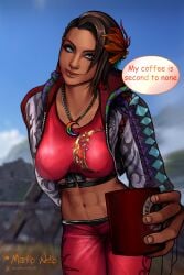 1girls athletic_female azucena_milagros_ortiz_castillo brown_body coffee coffee_mug english_text feathers_in_hair female female_abs female_only fit_female fully_clothed latina leaning_forward marikoneko marikoneko0 midriff namco navel peruvian_female short_hair solo speech_bubble tekken tekken_8 text text_bubble tomboy