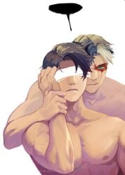 2boys batman_(series) blindfold covered_eyes dc dc_comics dick_grayson hand_grab jason_todd male male/male male_focus male_only nightwing no_visible_genitalia pecs red_hood_(dc) shirtless shirtless_male toned toned_body toned_male wrist_grab yaoi