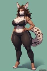 ai_generated animal_ears anthro big_breasts black_nose bra breasts brown_body brown_fur brown_hair canid canine canis choker cleavage curled_tail edit edited eyeshadow fluffy_tail fur furry green_background hand_on_hip hand_on_side hindlegs hourglass_figure inner_ear_fluff jackal jackal_ears jackal_tail long_ears long_hair long_tail makeup messy_hair mommy pants red_eyes simple_background snout spotted_body spotted_fur stable_diffusion tail thick_thighs voluptuous wgenjoyr4539 white_fur wild_hair yoga_pants