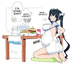 belly_bulge belly_expansion bloated bloated_belly bloated_stomach bloated_tummy dr-worm dungeon_ni_deai_wo_motomeru_no_wa_machigatteiru_darou_ka hand_on_stomach hestia_(danmachi) lewdlemage stuffed_belly text