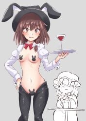 2girls ^_^ absurdres alcohol animal_ears black_headwear black_legwear blush bow bowtie breasts brown_eyes brown_hair closed_eyes commentary_request cowboy_shot cup dress drinking_glass eyelashes fake_animal_ears fedora female female_only grey_background hair_between_eyes hairbow hat highres holding holding_tray juliet_sleeves long_sleeves looking_at_viewer maribel_hearn meme meme_attire mob_cap multiple_girls navel open_mouth pasties puffy_sleeves rabbit_ears ramie_(ramie541) red_bow red_neckwear renko_usami revealing_clothes reverse_bunnysuit reverse_outfit revision short_hair shrug_(clothing) simple_background skimpy_clothes small_breasts smile standing stomach table thighs touhou tray usami_renko white_bow wide_sleeves wine wine_glass yuri