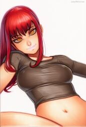 2025 ai_generated artist_name breasts chainsaw_man crazyfishbones female large_breasts long_hair looking_at_viewer makima_(chainsaw_man) navel red_hair smile solo yellow_eyes