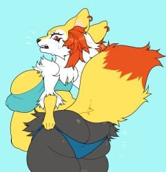 5_fingers anthro ass big_ass big_breasts big_butt black_nose braixen breasts canid canine cheek_tuft clothing eyelashes facial_tuft fangs female fingers fox fur generation_6_pokemon huge_ass huge_breasts huge_butt mammal nintendo orange_body orange_fur panties pokemon pokemon_(species) pregnant pregnant_female solo teeth thick_thighs tuft underwear white_body white_fur xalloir yellow_body yellow_fur