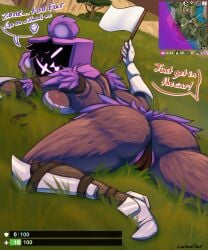 2024 5:6 5_fingers absurd_res anthro armwear artist_name ass bear big_breasts breasts brown_body brown_fur camel_toe carbonfloof clothing dialogue elbow_gloves english_text epic_games female fingers flag footwear fortnite frown fur gameplay_mechanics gloves grass gui handwear health_bar hi_res holding_flag holding_object looking_at_viewer looking_back lying mammal map minimap offscreen_character on_front outside plant raven_team_leader shin_guards shoes side_boob solo speech_bubble text thong tree underwear white_flag