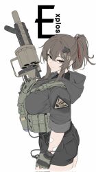 booty_shorts gloves grenade_launcher kanine41 karinn karinn(oc) large_breasts looking_at_viewer plate_carrier ponytail tactical_gear unamused