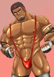 1boy abs alternate_costume banana_hammock bara blush brown_eyes bulge clenched_hands cowboy_shot facial_hair goatee konnezuwrestle large_pectorals live_a_hero looking_to_the_side male_focus mature_male muscular muscular_male mustache_stubble navel nipples no_mask pectorals penis penis_peek polaris_mask_(live_a_hero) shaved_body shiny_skin short_hair shy slingshot_swimsuit solo solo_male stomach strongman_waist stubble swimsuit tanned thick_eyebrows thick_thighs thighs topless_male veiny_crotch wrestling_outfit