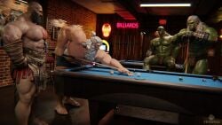 2humans 2orcs 3boys 3d 3d_(artwork) 3d_model 3males 8_ball abs bara bara_tiddies bara_tits bearded beefy billiard_ball billiard_table billiards blizzard_entertainment checking_out competition dilf frogtoa gay god_of_war god_of_war_ragnarok green_body green_skin himbo himbofication kratos male/male/male male_focus male_only male_pov manly masculine masculine_bottom muscle_ass muscle_butt muscles muscular muscular_male orc orc_male overwatch overwatch_2 pecs reinhardt santa_monica_studio shorts_only silver_fox sony_interactive_entertainment white_hair