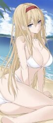 7saki absurdres alice_margatroid alternate_costume alternate_hairstyle arm_support ass beach bikini blonde_hair blue_eyes breasts cleavage collarbone female hairband halterneck highres large_breasts long_hair looking_at_viewer navel outdoors red_hairband sitting solo stomach string_bikini swimsuit touhou very_long_hair white_bikini yokozuwari