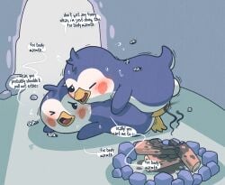 anal anthro argon_vile avian beak bird blue_body blue_feathers blush bodily_fluids bread_&_fred_(series) bread_(bread_&_fred) campfire dialogue duo english_text feathers fred_(bread_&_fred) from_behind_position hi_res igloo looking_pleasured lying male male/male male_penetrated male_penetrating male_penetrating_male on_front one_eye_closed penetration penguin prone_bone_position sex shaking shivering smoke speech_bubble sweat text wink wood