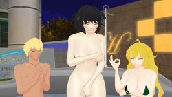 1boy 2girls arm_covers_breast bikini_top black_hair black_hair_female blake_belladonna blonde_female blonde_hair cat_ears embarrassed embarrassed_nude_female enf hand_covering_pussy nude_female rwby sun_wukong_(rwby) theblackbirdcalls yang_xiao_long