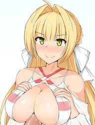 ahoge bikini blonde_hair blush breasts fate/grand_order fate_(series) female green_eyes large_breasts long_hair nero_claudius_(fate) nero_claudius_(swimsuit_caster) paizuri penis simple_background smile striped striped_bikini swimsuit toyo_(c8) upper_body white_background