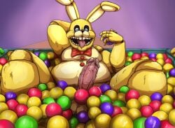 2024 animatronic anthro ball_pit big_penis blue_eyes bodily_fluids buckteeth drooling erection fazbear_frights five_nights_at_freddy's furry genitals glans hand_behind_head humanoid humanoid_genitalia humanoid_penis lagomorph leporid looking_at_viewer machine male male_anthro male_only mammal open_mouth overweight overweight_anthro overweight_male penis pink_glans pink_penis pupils rabbit red_bowtie robot saliva solo solo_focus spring_bonnie spring_bonnie_(fnaf) teastuff teeth thick_thighs tongue tongue_out vein veiny_penis yellow_body yellow_inner_ear