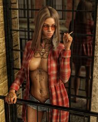 3d 3d_(artwork) 3d_model belly_button_piercing carbon_art_3d eyebrow_piercing female female_focus female_human female_only green_eyes lip_piercing nose_piercing original original_character original_female_character red-tinted_eyewear shirt_open shorts_open smoking smoking_cigarette solo solo_female solo_focus sunglasses tattoo_on_chest tattoo_on_stomach tattooed_female tinted_eyewear