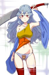 armpit casual childish_panties clothed grey_hair holding_object jack74959 knife large_breasts long_hair looking_at_viewer nemuno_sakata panties red_eyes teddy_bear teddy_bear_panties thigh_gap touhou