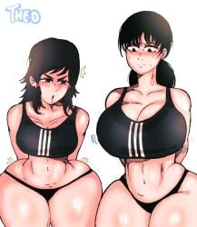 2girls angry angry_face big_breasts black_eyes black_hair blush breast_envy breast_size_difference breasts brown_eyes chainsaw_man child_bearing_hips fumiko_mifune_(chainsaw_man) huge_breasts medium_support_(meme) meme mitaka_asa nervous no_text sweat theodyss thick_thighs white_background