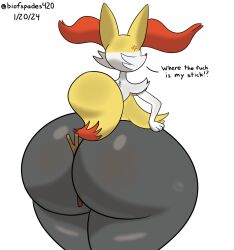 ambiguous_gender angry anthro ass back_view big_ass big_butt biofspades420 braixen cheek_tuft cross-popping_vein facial_tuft generation_6_pokemon grey_body grey_fur huge_ass huge_butt nintendo orange_body orange_fur orange_nose pokemon pokemon_(species) solo stick tuft white_body white_fur yellow_body yellow_fur