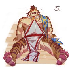 anthro biceps claws felid hi_res kourney male mammal muscular muscular_anthro muscular_male pantherine pawpads rude_(kourney) scar solo striped_body stripes tiger