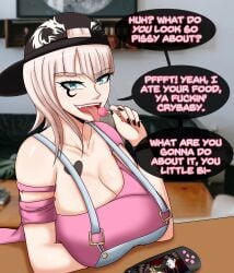 1girls beta_design blonde_hair blue_eyes brat bratty bratty_correction bravebengal cap cleavage correction danganronpa danganronpa_v3 english_text female female_only heart heart_tattoo instant_loss_2koma iruma_miu lollipop looking_at_viewer ripped_clothing tattoo tongue tongue_out