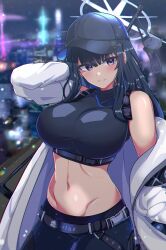 1girls abs arius_satellite_school_logo_(blue_archive) arius_satellite_school_student arius_squad_(blue_archive) belly belly_button blue_archive blue_eyes blue_hair blush breasts city city_background female female_only gun gun_on_back halo hat highres huge_breasts long_hair looking_at_viewer midriff navel rifle saori_(blue_archive) shoulders smile smiling soniakraze stomach waist weapon weapon_behind_back
