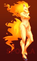 2022 anthro arm_tuft bedroom_eyes black_hooves breasts digital_media_(artwork) digital_painting_(artwork) elbow_tuft equid equine featureless_crotch female fire flaming_hair flaming_mane flaming_tail full-length_portrait fur generation_1_pokemon hi_res hooves horn humanoid_hands mammal mythological_creature mythological_equine mythology narrowed_eyes nintendo nipples nude pinup pokemon pokemon_(species) pokemorph portrait pose pseudo_hair pseudo_mane rapidash red_background seductive shaded simple_background solo spoilla tail tuft unguligrade unicorn yellow_body yellow_fur