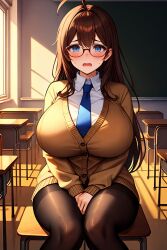 ahoge ai_generated blue_eyes brown_hair cardigan classroom embarrassed full-face_blush gigantic_breasts hands_between_legs necktie pantyhose school school_uniform schoolgirl stable_diffusion student sweatdrop thick_thighs wide_hips