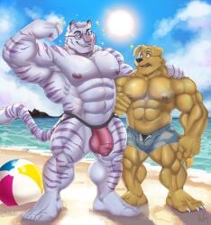 2021 4_toes 5_fingers 5_toes abs alexander_(delphinian) anthro arley_(arleydog) arley_dog ball barazoku beach beach_ball biceps big_muscles biped bird_dog black_eyebrows black_nose blue_bottomwear blue_clothing blue_shorts bottomwear bulge canid canine canis claws clothed clothed_anthro clothed_male clothing cloud day deltoids detailed_bulge digital_drawing_(artwork) digital_media_(artwork) dipstick_ears domestic_dog duo ear_markings eye_contact eyebrows eyewear feet felid finger_claws fingerpads fingers flexing flexing_bicep floppy_ears front_view fur genital_outline glasses golden_retriever hair hand_on_another's_shoulder hand_on_shoulder hi_res humanoid_hands hunting_dog inflatable jockstrap jockstrap_only looking_at_another male male/male mammal manly markings monotone_body monotone_fur multicolored_body multicolored_ears multicolored_fur muscular muscular_anthro muscular_male navel nipples open_bottomwear open_clothing open_mouth open_pants outside pantherine pants pawpads pecs penis_outline pink_nipples plantigrade purple_body purple_fur purple_stripes quads red_clothing red_eyes red_jockstrap red_underwear retriever sand seaside shaded shorts signature sky smile smiling_at_another standing striped_body striped_fur striped_markings striped_tail stripes sun tail tail_markings teeth tiger toe_claws toes topless topless_anthro topless_male triceps two_tone_body two_tone_fur underwear underwear_only vein veiny_muscles water wearing_glasses white_body white_claws white_finger_claws white_fur white_toe_claws yellow_body yellow_fur