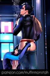 2boys cigarette dc dc_comics dick_grayson gay implied_oral jason_todd kneeling_oral_position male male/male male_only mask muffinmonstah nightwing open_clothes pants_down red_hood_(dc) smoking yaoi