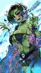 1girls abs bare_arms bare_shoulders big_breasts clothed clothing collar color female female_focus female_only green_hair green_skin hi_res large_breasts mboymanuel open_mouth original_character purple_eyes short_hair solo solo_female thick_thighs tongue tongue_out zombie zombie_girl