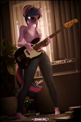 1girls 3d anthro bass_guitar equid equine eyewear female female_only friendship_is_magic glasses hasbro holding_object horn mammal musical_instrument my_little_pony nipples purple_body purple_hair purple_skin solo standing steamyart tail twilight_sparkle_(mlp) unicorn