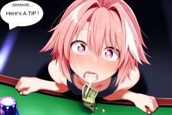 1boy a.i.ddicted ai_generated astolfo_(fate) casino crop_top cum_in_mouth cum_on_face fate_(series) femboy feminine_male girly kneeling long_braid neon_lights novelai pink_eyes pink_hair poker_chip poker_table pov smile sports_bra