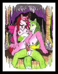 2011 anthro balls breasts butterfly canine cave collar female fingering from_behind fur furry green hybrid knot licking luthiennightwolf male nude penetration penis pink pussy sex spread_legs spreading straight tongue vaginal_penetration wings wolf