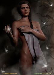 1girls 3d 3d_(artwork) 3d_model assassin's_creed_(series) assassin's_creed_odyssey brown_eyes brown_hair cgi covering_with_object dark-skinned_female dark_hair female female_focus female_only fireflies firefly greek greek_female kassandra looking_at_viewer mediterranean night ponytail scar scars skstalker towel towel_covering_breasts towel_covering_crotch towel_only ubisoft