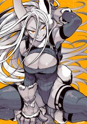 1girls 5_fingers alternate_costume artist_name artist_signature bunny_ears bunny_tail crouching elbow_gloves female hi_res highres kemonomimi leotard long_ears long_hair mature_female miruko monotone_body my_hero_academia neck_tuft orange_eyes rumi_usagiyama simple_background smile solo stockings takatuki_iti touching_hair