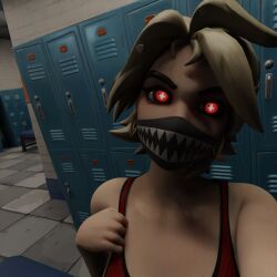 blonde_hair bra changing_room female female_only fortnite glowing_eyes joni_(fortnite) locker locker_room mask photo red_eyes selfie swimsuit tiled_floor