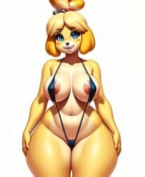 1girls ai_generated animal_crossing belly belly_button big_thighs bikini blue_eyes curvaceous curvy curvy_body curvy_female curvy_figure fur furry isabelle_(animal_crossing) looking_at_viewer medium_breasts nintendo non-human_areolae non-human_bra posing sexy_pose simple_background sling_bikini slingshot_swimsuit small_waist smile swimsuit video_game video_games