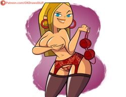 1girls blaineley_(tdi) blonde_hair bra busty codykins123 covered_nipples covering covering_breasts female female_focus female_only hourglass_figure lingerie navel red_bra solo stockings tagme topless total_drama_island undressing wide_hips