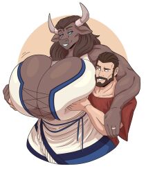 1boy 1girls anthro arm_around_shoulders beard bigger_female blue_eyes bovine breast_press brown_hair cleavage clothing commission cow_ears female greek_mythology hi_res holding_breasts horns huge_breasts human long_hair looking_at_each_other male minotaur minotaur_female muscular muscular_female narrowed_eyes nihea_avarta numerius_ignius_bubulcus slightlysimian smiling smiling_at_each_other