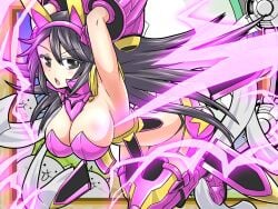 1girls anime armpits big_breasts black_hair breasts covered_nipples electricity female female_only galaxy_gal nyanko_daisensou open_mouth spiky_hair the_battle_cats thick_thighs thighs thundia