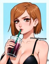 1girls ai_generated bare_shoulders bra brown_eyes brown_hair cleavage drinking drinking_straw jujutsu_kaisen kugisaki_nobara medium_breasts nobara_kugisaki sergunyaa23 short_hair