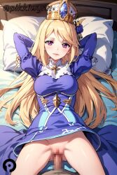 1boy ai_generated arms_behind_head arms_up blonde_hair blue_dress blush breasts censored crown dress eris_(shadowverse) female flower hair_ornament long_hair long_sleeves looking_at_viewer lying no_panties on_back on_bed penis pikkiwynn pillow pov puffy_sleeves purple_eyes pussy sex shadowverse solo_focus straight vaginal_penetration