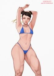 1girls arms_up asian asian_female bikini chun-li earrings freshlyet hair_buns looking_aside makeup muscular muscular_female small_breasts street_fighter street_fighter_6 thick_thighs