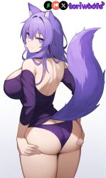 1girls :3 ai_generated ass ass_focus ass_grab breasts collar curvy cute dog_ears dog_girl doggirl female female_only happy highres hips huge_ass huge_breasts kemonomimi light_skin light_skinned_female long_hair panties patreon_username petgirl petite purple_ears purple_eyes purple_hair purple_tail rear_view shirt smile standing thick_thighs thighs tori toriwoofs watermark wide_hips wolf_ears