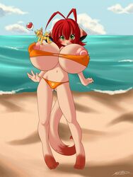 2011 anthro areola_slip areolae bad_furaffinity_id beach bikini blitza breasts bursting_breasts erect_nipples feline female fur furry game_freak green_eyes growing hair heart huge_breasts hyper hyper_breasts jolteon koneko large_areolae large_nipples male nintendo nipples pokemon pokemon_rgby red_hair seaside size_difference skimpy spazzykoneko standing surprised tail torn_clothing water yellow