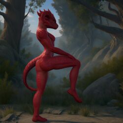 ai_generated ass baldur's_gate_3 dragonborn_(dnd) dungeons_and_dragons female female_focus female_only forgotten_realms hands_on_legs horn nude one_leg_up red_body red_dragon scalie seductive tail