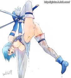 2011 blue_eyes blue_hair blush bondage boots bottomless bound_wrists breasts cape censored chains color dated dripping female female_only ginko_(silver_fox) hanging_breasts large_breasts leg_up legs_restrained_above_head magical_girl mahou_shoujo_madoka_magica miki_sayaka navel nipples pubic_hair pussy restrained short_hair solo splits sword thighhighs torn_clothes upside-down upside-down_splits vertical_splits watermark weapon web_address wet white_legwear