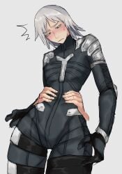 bodysuit embarrassed feminine_male gay grabbing_waist hibi_(dustbinrat) holding_waist male_focus metal_gear_solid metal_gear_solid_2 raiden_(metal_gear) skin_tight skinny_male suprised tactical_gear twink waist_grab white_hair wide_hips