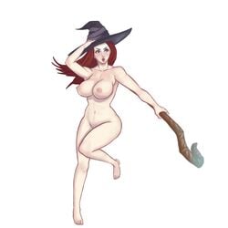 breasts dragon's_crown female hat knifoon long_hair nipples nude on_one_foot parted_lips red_eyes red_hair simple_background solo sorceress_(dragon's_crown) staff standing white_background witch_hat