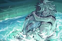 2boys arms_wrapped_around_partner biting_own_lip brown_hair danganronpa danganronpa_2:_goodbye_despair gay hidden_sex hinata_hajime hurrakka nagito_komaeda no_visible_genitalia pool skinny splashing_water water white_hair