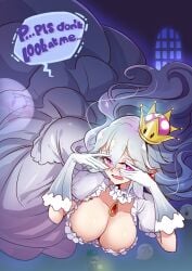 1girls big_breasts blush boo_(mario) boosette breasts covering_face crown dress earrings embarrassed floating ghost gloves hair_between_eyes hands_on_own_face jewelry large_breasts long_hair looking_at_viewer luigi luigi's_mansion mario_(series) new_super_mario_bros._u_deluxe pink_eyes pointy_ears princess short_sleeves silversirius solo_female speech_bubble super_crown text white_dress white_gloves white_hair