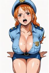 ai_generated alluring big_breasts blush breasts brown_eyes cleavage female female_only kneeling long_hair looking_at_viewer nami nami_(one_piece) one_piece open_mouth orange_hair police_hat police_officer police_uniform policewoman seducing seduction seductive seductive_body seductive_eyes seductive_gaze seductive_look seductive_mouth seductive_pose shiny_hair shiny_skin skirt sweat sweatdrop sweating sweaty sweaty_body thick_thighs voluptuous voluptuous_female yashin